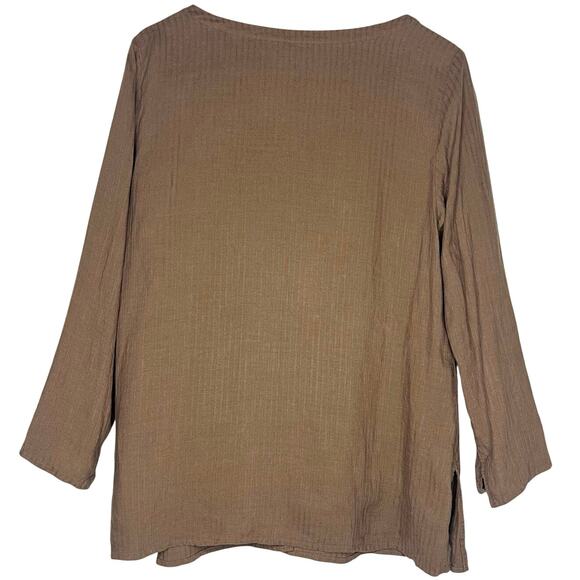 Eileen Fisher Brown Textured Striped Linen Button Top Large Lagen Lagenlook Boho - Picture 4 of 8